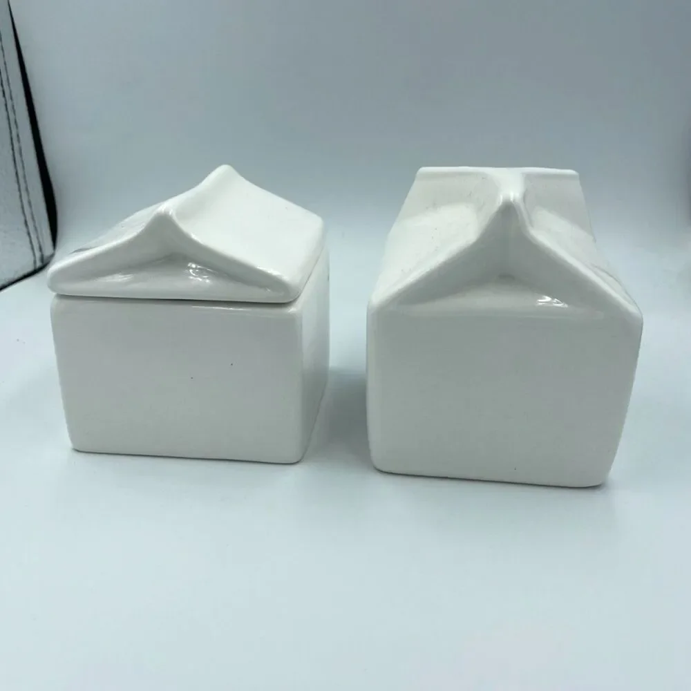 Crate & Barrel Farmhouse Sugar Bowl/Creamer White Ceramic Black Typewriter Text